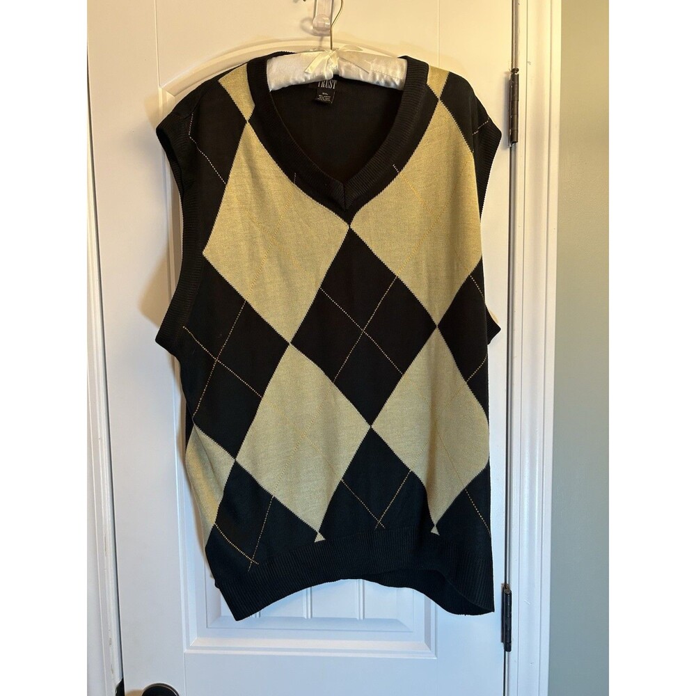 Trust 2XL Black Argyle Sweater Vest V Neck Preppy Golf Grandpa Core Knit Top - Picture 12 of 13